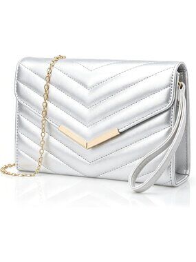 Women's Silver Leather Quilted Clutch Purse Envelope Chain Strap Evening Handbag